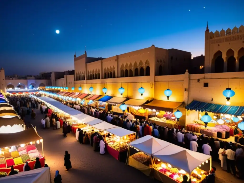 Un bullicioso mercado nocturno en una ciudad del Medio Oriente durante Ramadán, con linternas coloridas y gente comprando dátiles y textiles