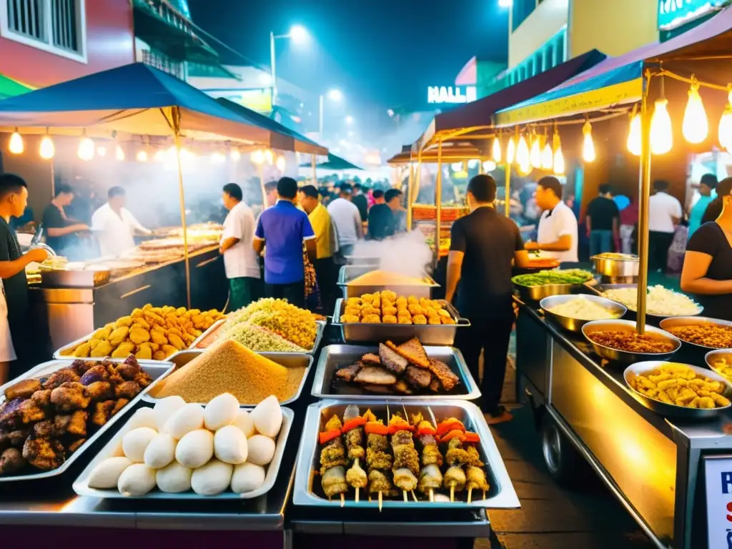 Un bullicioso mercado nocturno en Tailandia, con puestos de comida halal y una atmósfera vibrante iluminada por una cálida luz dorada