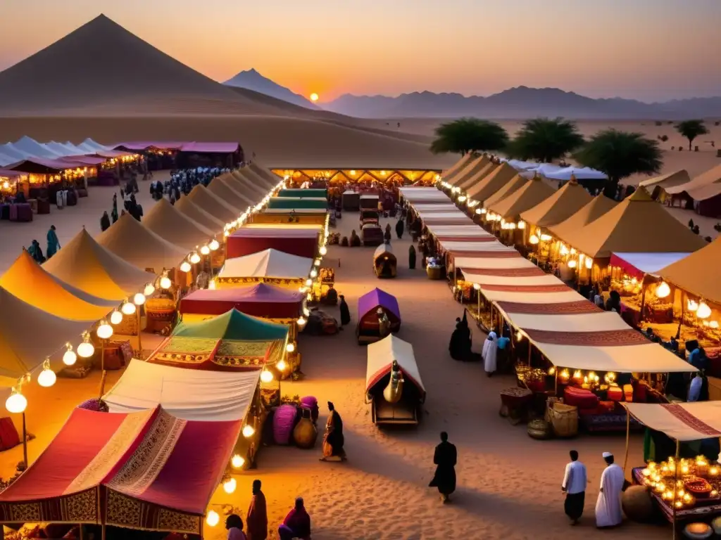 Un bullicioso mercado en un oasis del desierto, con caravanas de camellos decorados descargando incienso y especias