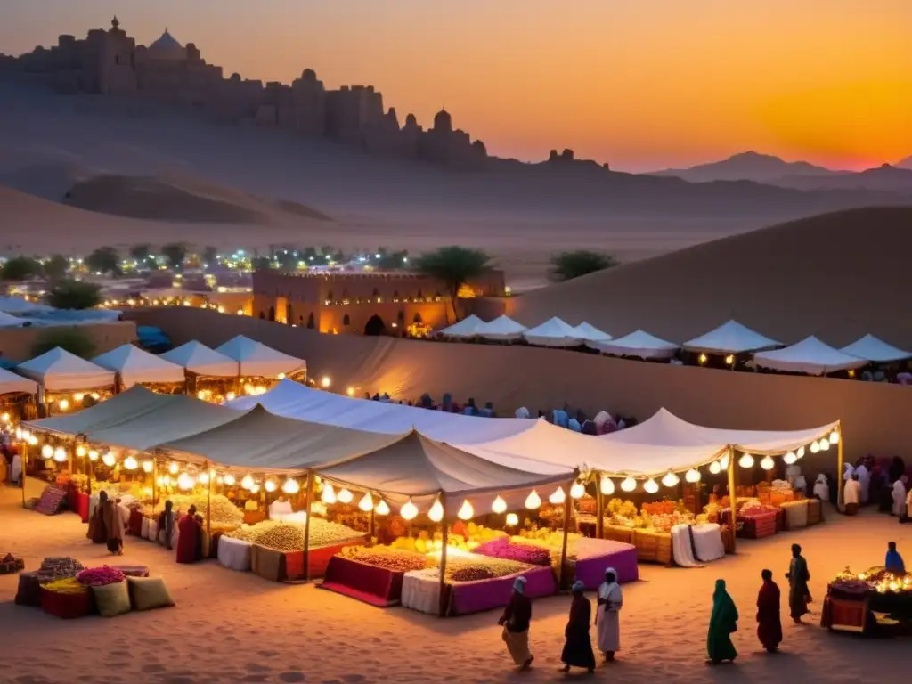 Un bullicioso mercado en un oasis del desierto en las Rutas del Incienso en el Islam