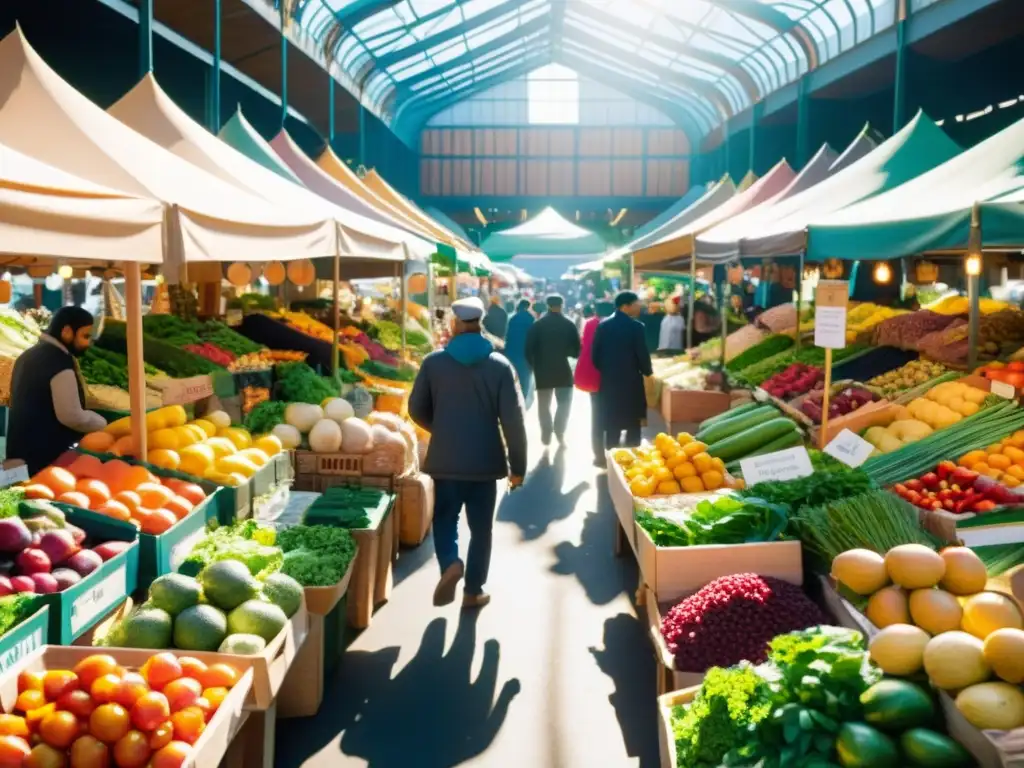 Un bullicioso mercado orgánico con alimentos certificados halal, bañado por cálida luz natural y colores vibrantes