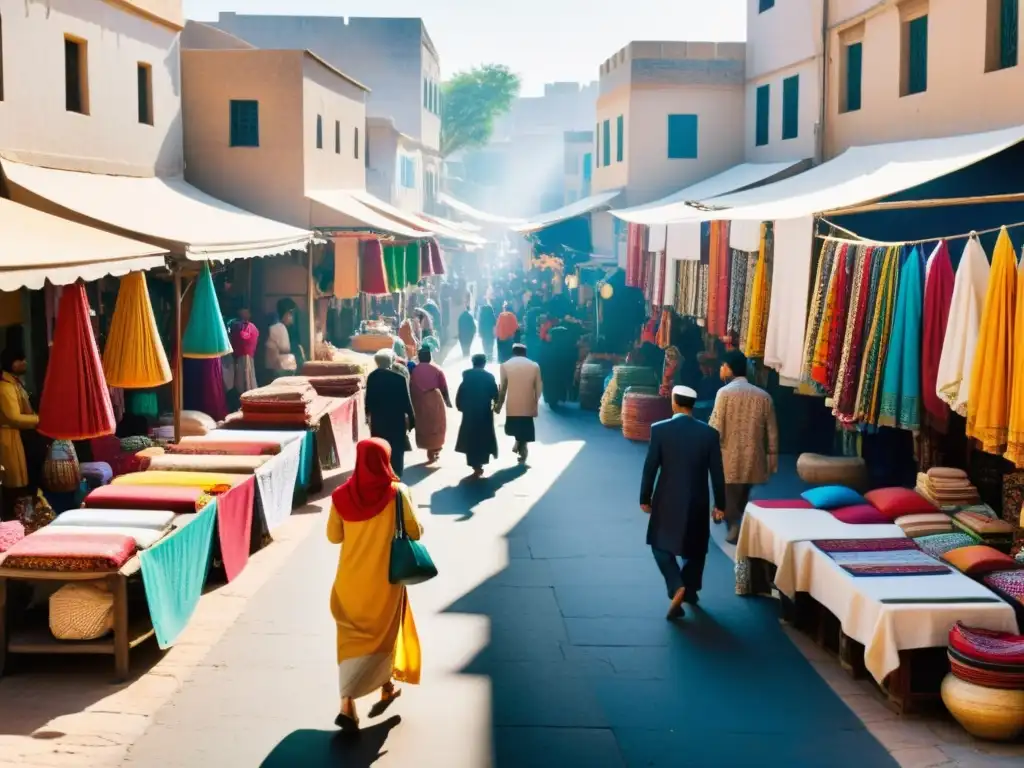 Un bullicioso mercado en un país islámico, lleno de textiles vibrantes y puestos de ropa