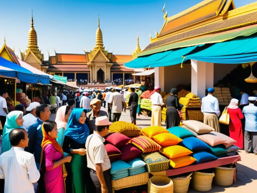 Un bullicioso mercado en Phnom Penh muestra la influencia árabe en Camboya, con coloridos textiles y la vida cotidiana