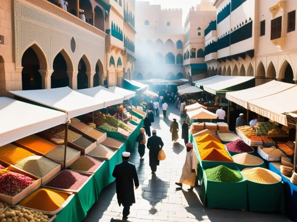 Un bullicioso mercado de productos halal en una ciudad del Medio Oriente, con vendedores ofreciendo una colorida variedad de especias, frutas y carnes