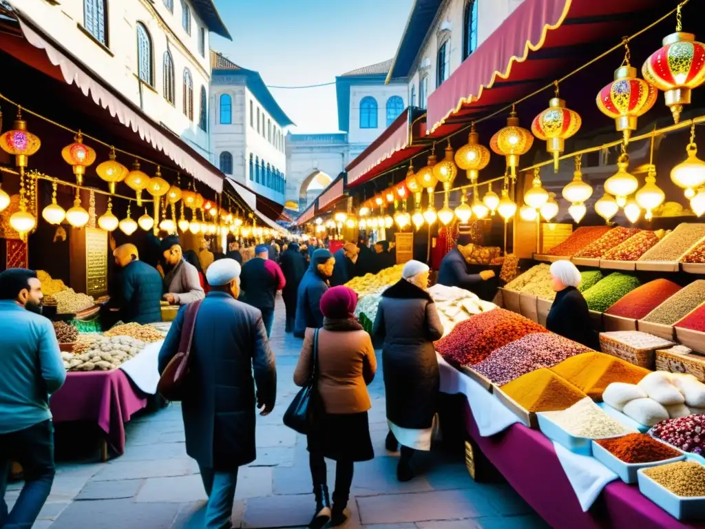 Un bullicioso mercado en Estambul, con puestos de textiles, cerámica, especias y dulces turcos