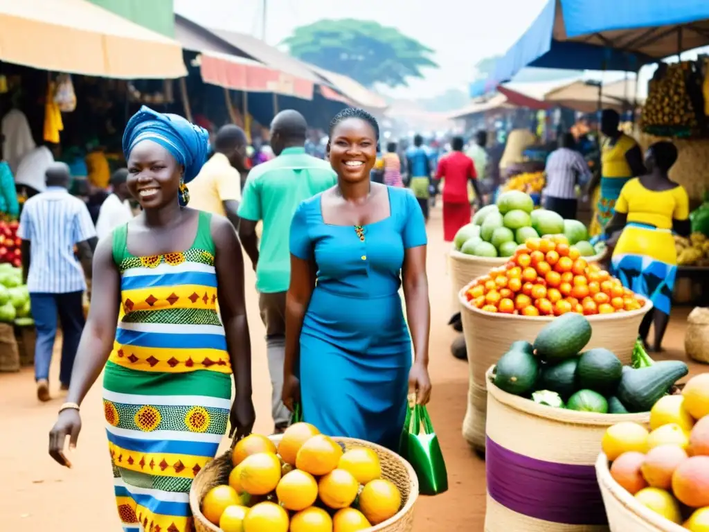 Un bullicioso mercado en Accra, Ghana, rebosante de textiles coloridos y la vida cotidiana