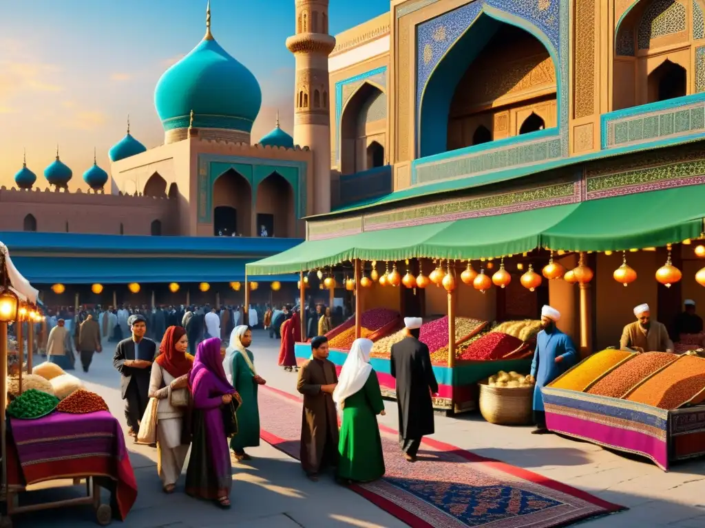 Un bullicioso mercado de la Ruta de la Seda, con intercambios culturales, diseño islámico y caravanas en la cálida luz del atardecer