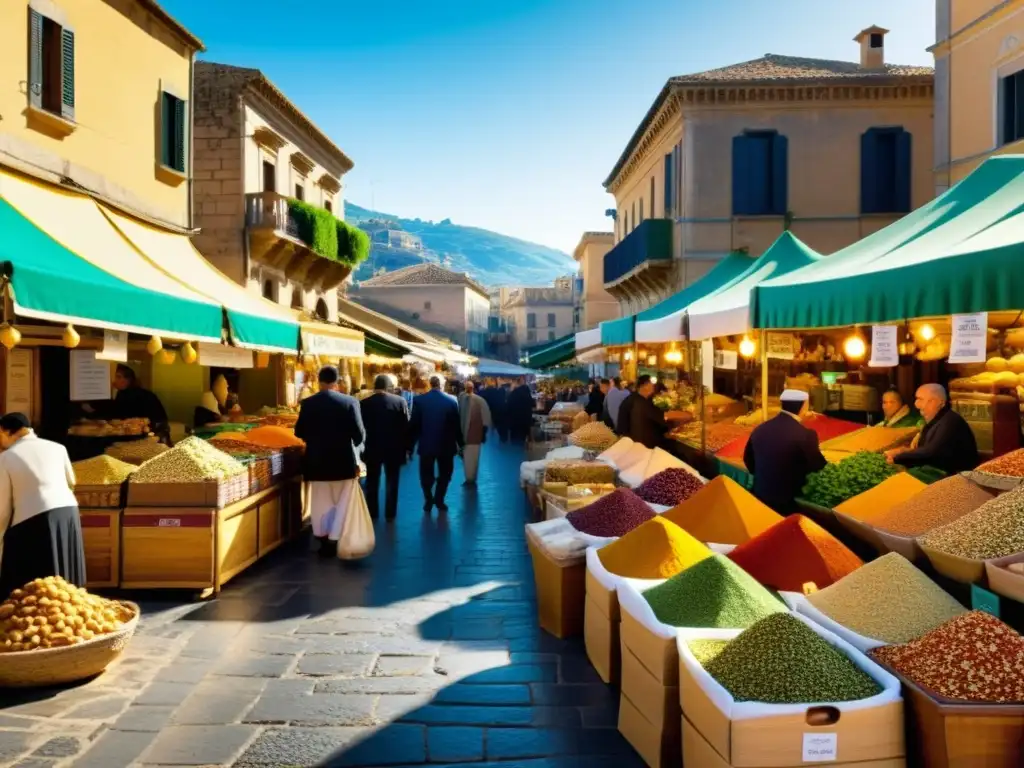 Un bullicioso mercado siciliano con influencia islámica, exhibiendo su herencia cultural en colores y aromas vibrantes