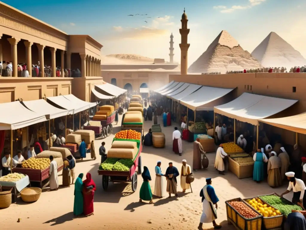 Un bullicioso mercado del Egipto del siglo XIX, con colores vibrantes, arquitectura detallada y gente diversa comprando y vendiendo