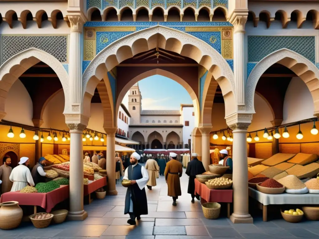 Un bullicioso mercado del siglo XV en España, reflejando intercambios culturales renacimiento islam, con mercaderes y la arquitectura islámico-europea