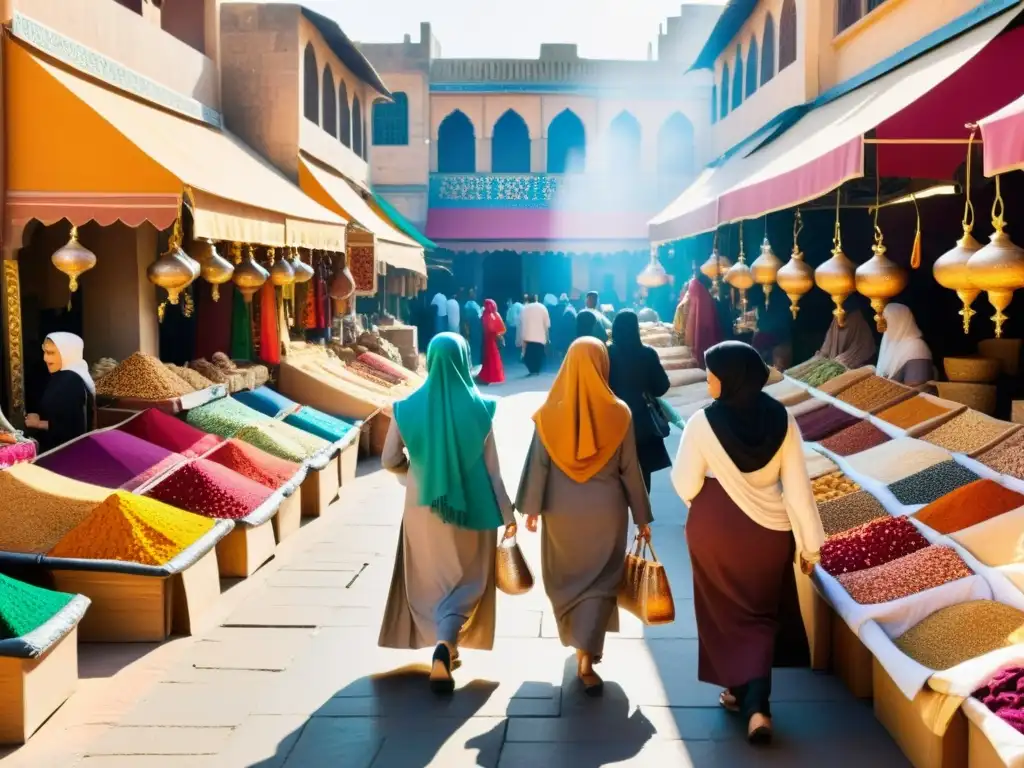 Un bullicioso mercado en una sociedad islámica, mujeres con hijabs vibrantes conversan mientras compran