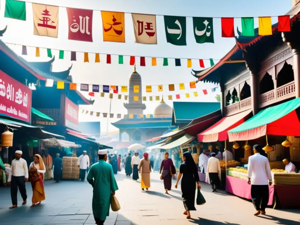 En un bullicioso mercado del sudeste asiático, la coexistencia religiosa se refleja en la diversidad lingüística y étnica