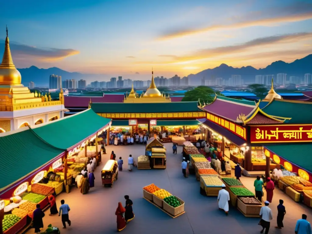 Un bullicioso mercado del sudeste asiático, con colores vibrantes, arquitectura islámica y conversaciones en lenguas indígenas