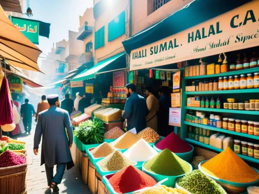 Un bullicioso mercado de suplementos halal en una ciudad del Medio Oriente, con puestos coloridos y una animada atmósfera de compras