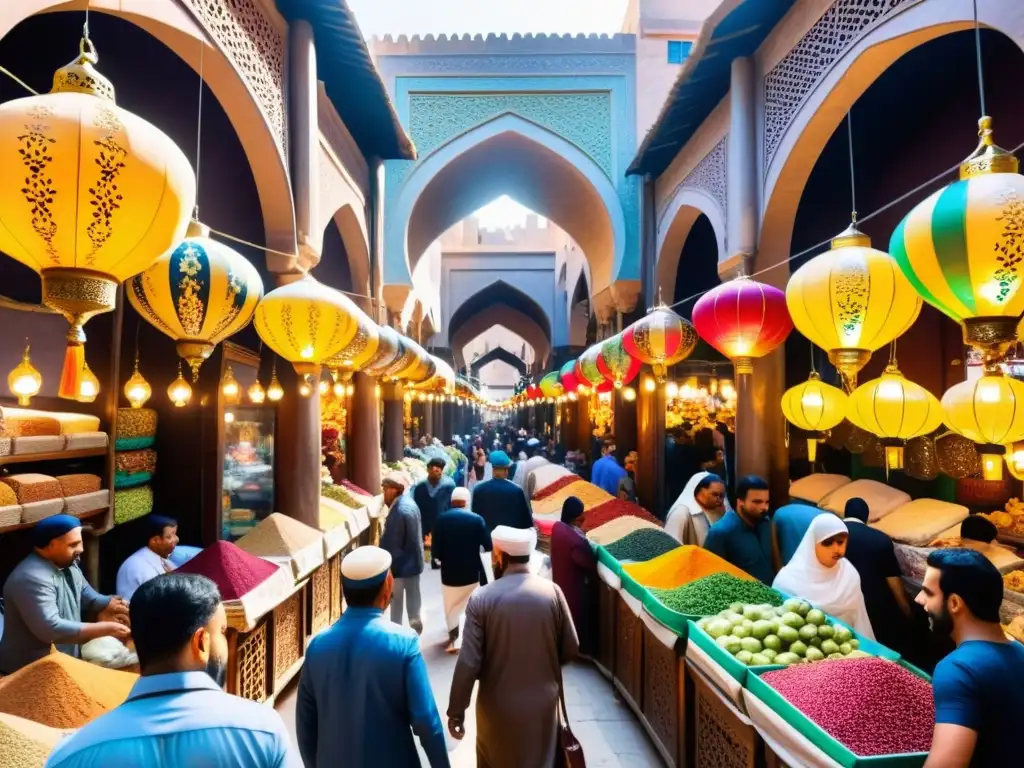 Un bullicioso mercado tradicional del Islam con arcos, textiles, lámparas y mercaderes vendiendo especias, artesanías y frutas exóticas