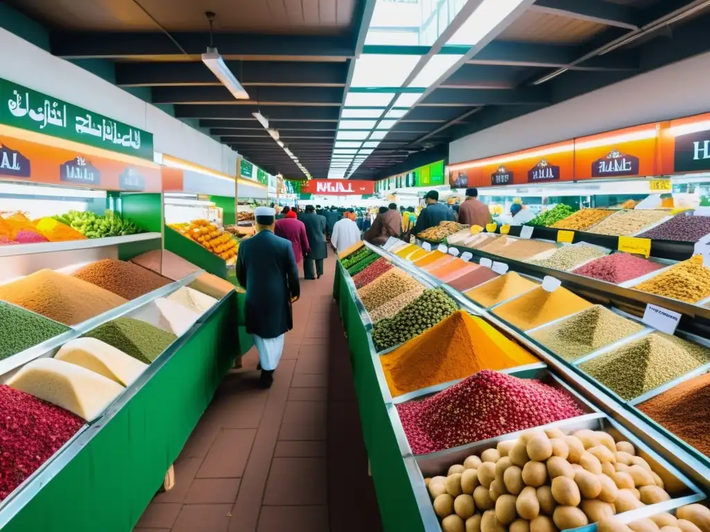 Mercado Halal vibrante: especias, productos frescos y cultura Un bullicioso mercado Halal con vendedores y clientes, aromas y colores, reflejando el impacto económico de la Industria Halal