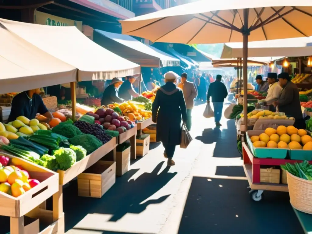 Un bullicioso mercado con vendedores ofreciendo una colorida variedad de alimentos orgánicos halal certificados