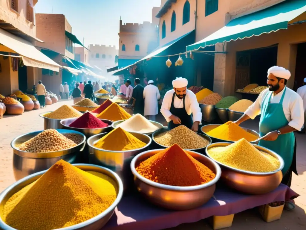 En un bullicioso mercado del Medio Oriente, vendedores ofrecen especias, granos y verduras