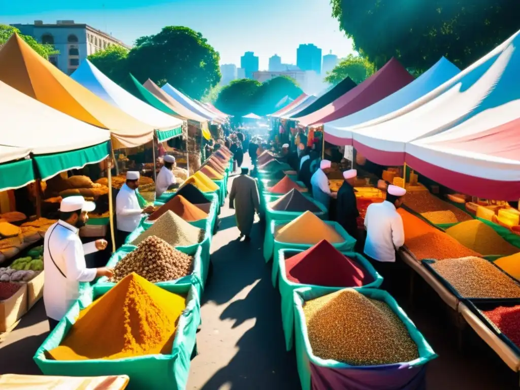Mercado halal: colores, aromas y vida Un bullicioso mercado halal con vendedores ofreciendo especias, frutas y carnes bajo un dosel de textiles vibrantes