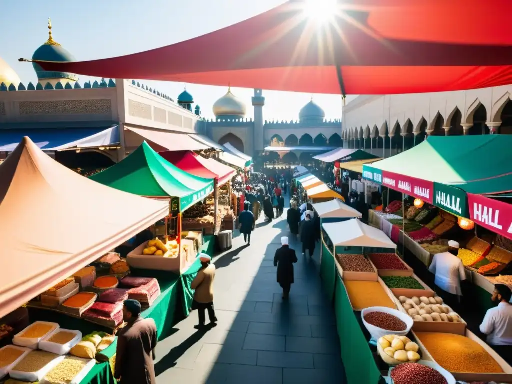 Un bullicioso mercado con vendedores ofreciendo productos halal bajo toldos coloridos