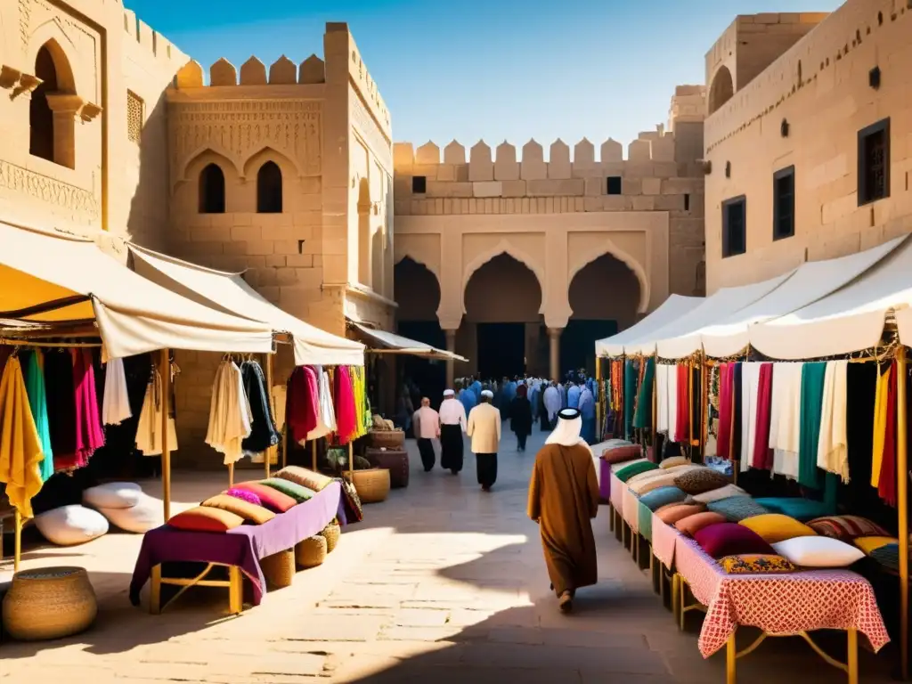 Un bullicioso mercado en una vibrante ciudad de Oriente Medio, con textiles coloridos y edificios de piedra antiguos