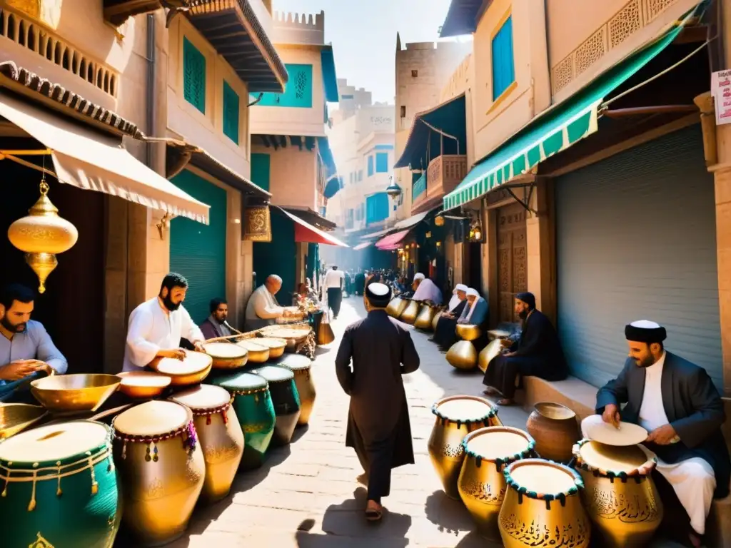 Un bullicioso mercado en una vibrante ciudad del Medio Oriente, donde se celebran expresiones artísticas de la vida musulmana