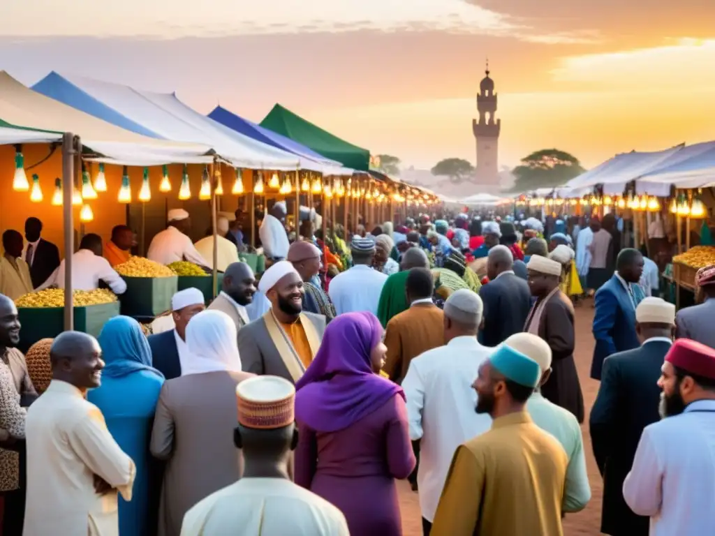 Un bullicioso mercado en una vibrante ciudad africana, donde el Islam coexiste con otras religiones en un ambiente de armonía y diversidad