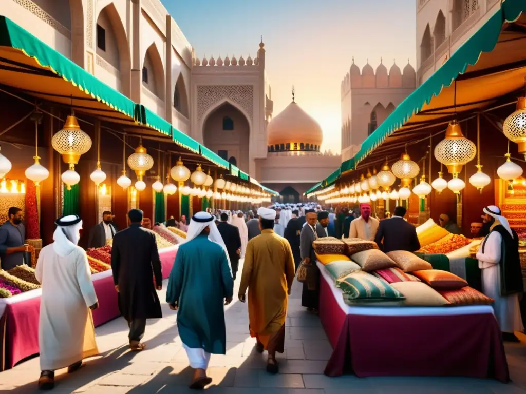 Un bullicioso mercado en una vibrante ciudad de Oriente Medio, donde un diverso grupo de personas participa en transacciones de inversión halal bajo el cálido brillo del sol poniente, con detalles arquitectónicos intrincados y textiles coloridos que añaden a la atmósfera animada