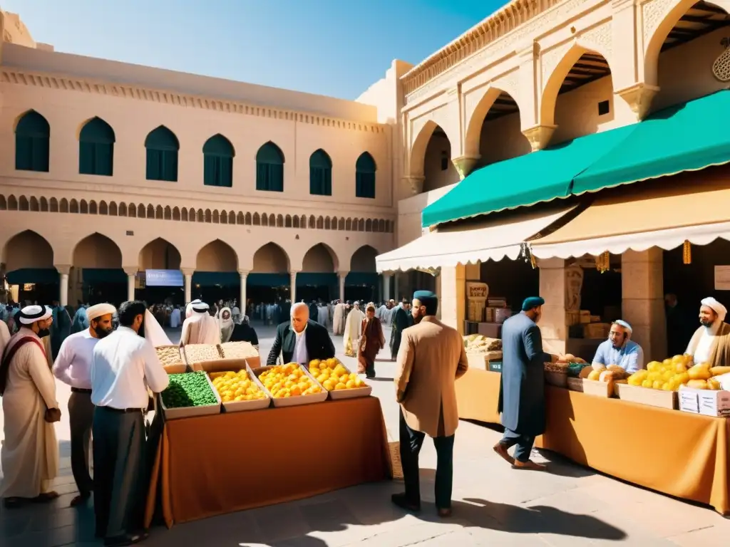 Un bullicioso mercado en una vibrante ciudad del Medio Oriente, donde las criptomonedas Halal Ummah Impacto Social se mezclan con tradición y modernidad, en un escenario lleno de vida y coloridos productos