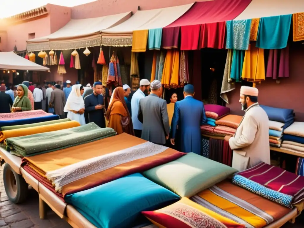 Un bullicioso mercado en Marrakech, Marruecos, con una vibrante variedad de coloridas vestimentas y velos islámicos