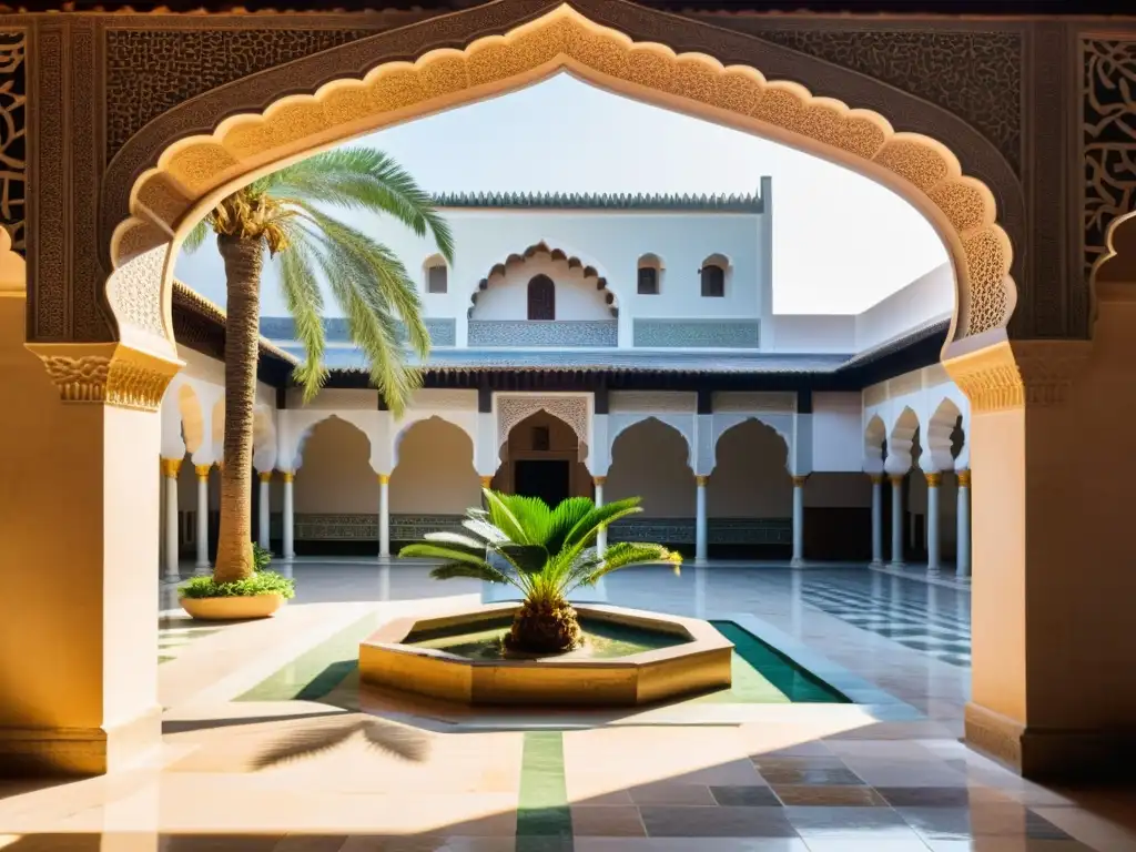 Un bullicioso patio de una antigua madrasa en Asia, con detalles arquitectónicos ornamentados y estudiantes debatiendo bajo arcos tallados