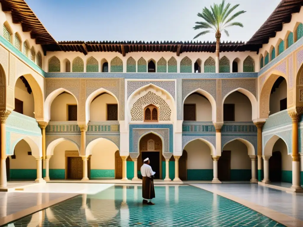 Un bullicioso patio de un antiguo hospital islámico, con arcos intrincadamente decorados y actividad constante de médicos, herbolarios y académicos, bajo palmeras ornamentadas