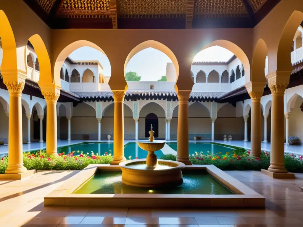 Un bullicioso patio de un antiguo hospital islámico con arcos tallados, mosaicos vibrantes y una fuente rodeada de hierbas y flores sanadoras