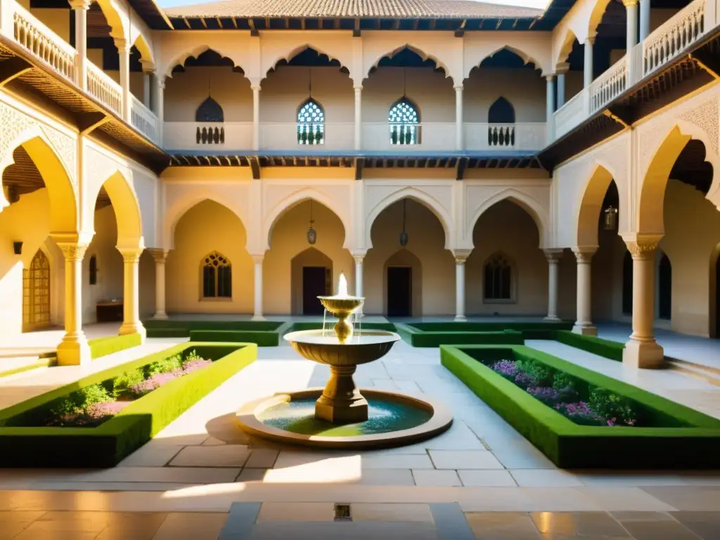 En el bullicioso patio de una escuela medieval islámica, bañado por la luz dorada, estudiantes participan en intensas discusiones y aprendizaje práctico