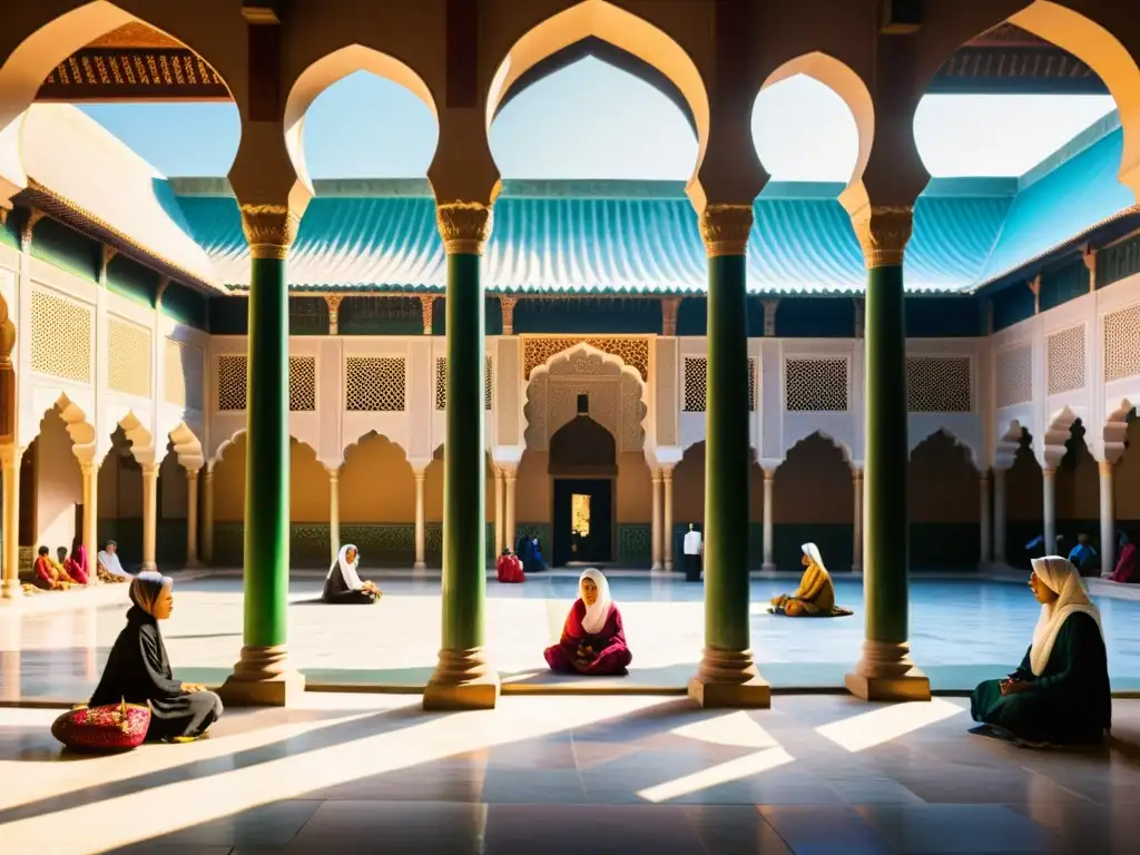 Un bullicioso patio de madraza en Asia, con estudiantes inmersos en animadas discusiones bajo la luz filtrada entre la arquitectura antigua