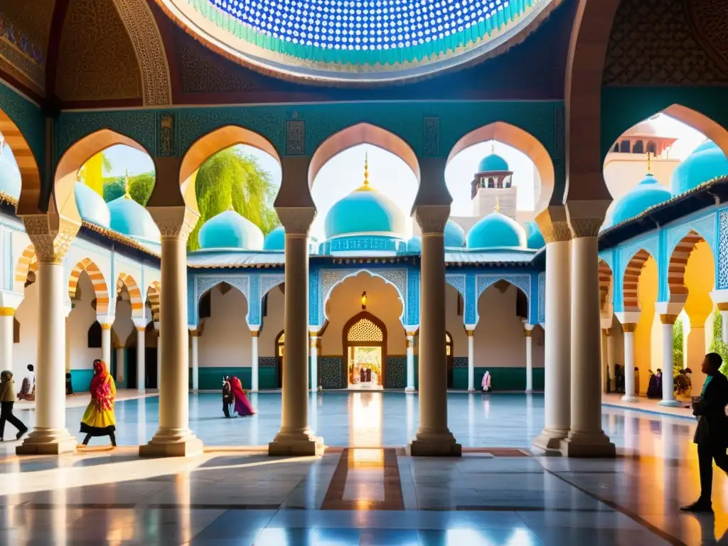 Un bullicioso patio de una histórica mezquita, con arcos y cúpulas intrincadamente decorados, rodeado de exuberantes jardines y gente de diversas culturas intercambiando bienes y conversaciones