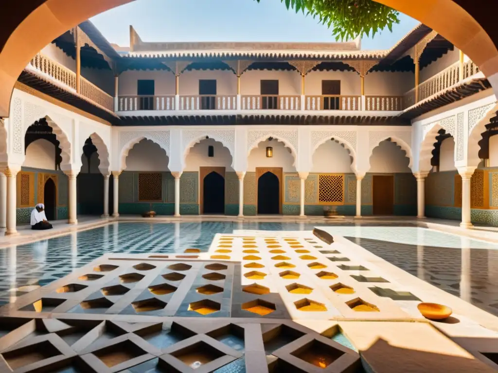 Un bullicioso patio de hospital islámico antiguo, con curanderos atendiendo a pacientes y visitantes bajo naranjos en flor