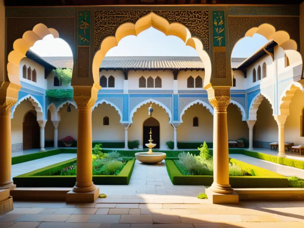 “Un bullicioso patio de un hospital islámico medieval con arcos intrincadamente decorados, jardines exuberantes y escenas de cuidado y tratamiento médico