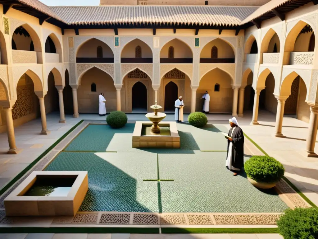 Un bullicioso patio de hospital medieval islámico durante una epidemia