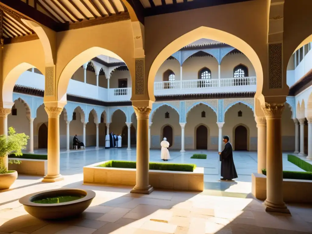 Un bullicioso patio en un hospital medieval islámico, con muros decorados y arcos que llevan a jardines vibrantes