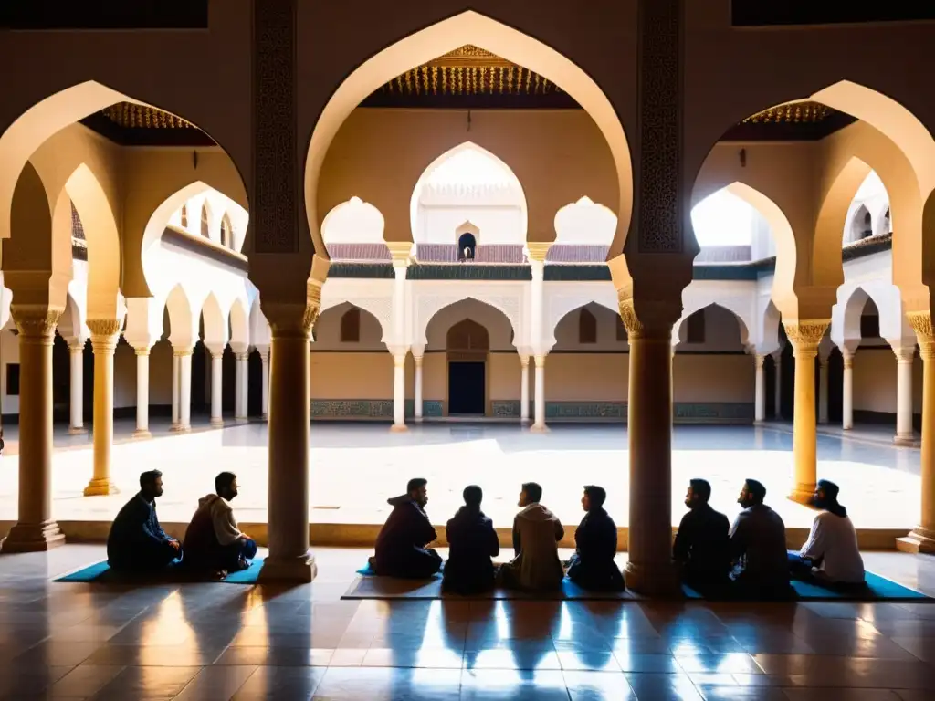 Un bullicioso patio de una tradicional madrasa islámica, con estudiantes y maestros en animadas discusiones