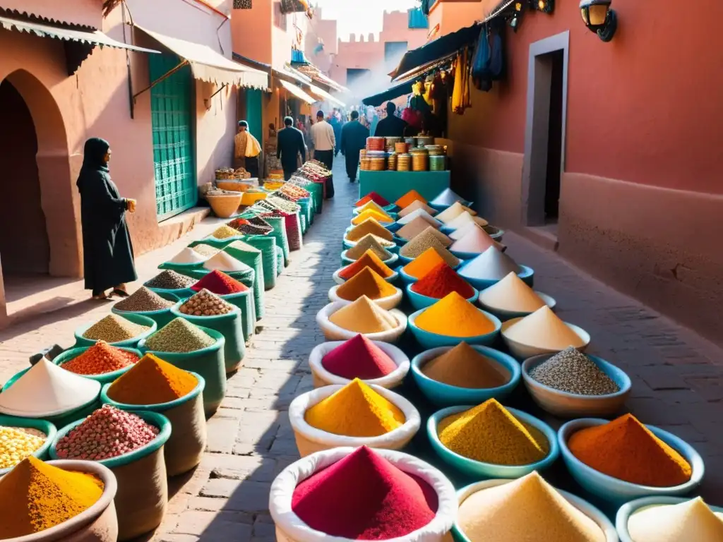 Un bullicioso y vibrante mercado en Marrakech, Marruecos, con textiles, especias y cerámicas coloridas en exhibición