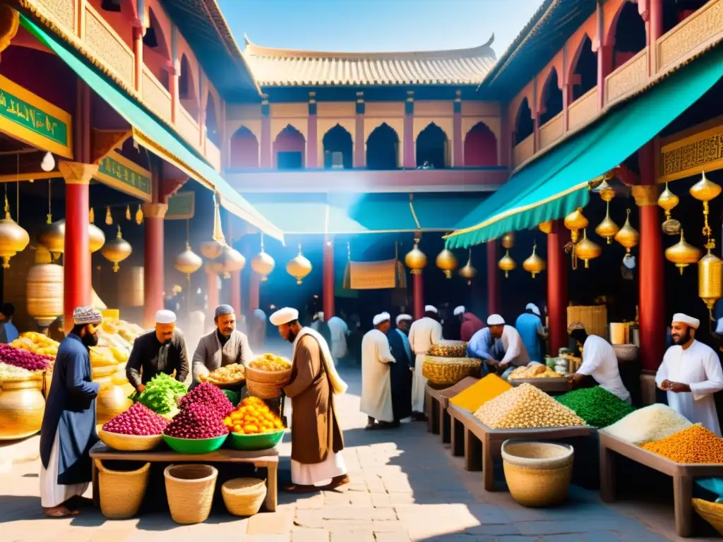 En el bullicioso zoco de una antigua ciudad, se aprecian la arquitectura detallada, colores vibrantes y la diversidad de comerciantes y clientes