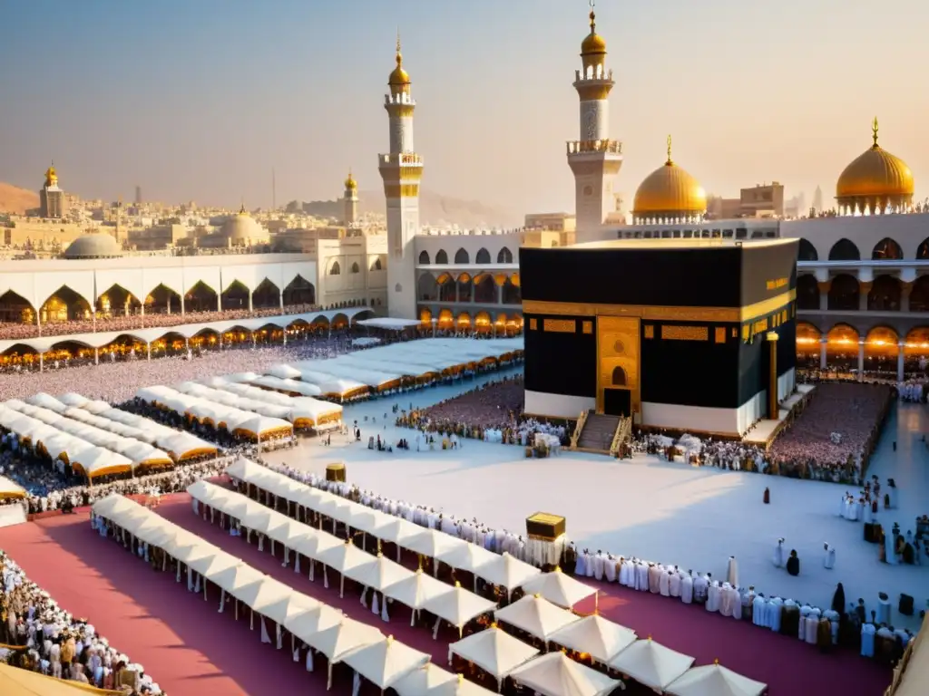 Un bullicioso zoco en la antigua Mecca, con coloridos puestos y mercaderes regateando especias y sedas