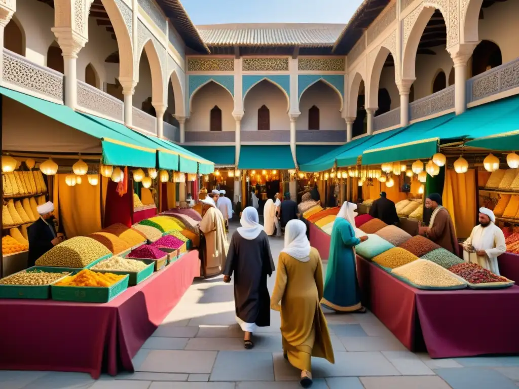 Un bullicioso zoco en un califato histórico, con colores vibrantes y textiles intrincados