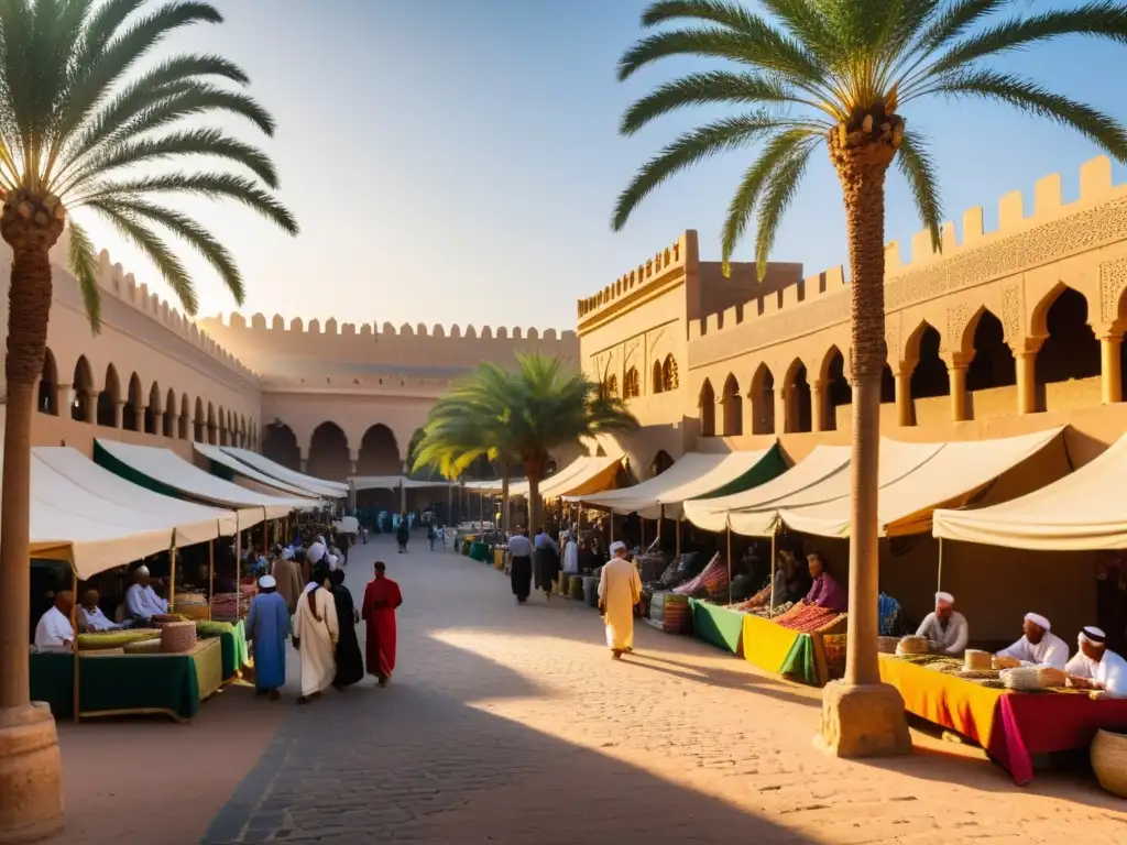 Un bullicioso zoco en una ciudad árabe antigua al atardecer, con colores vivos y una rica atmósfera cultural