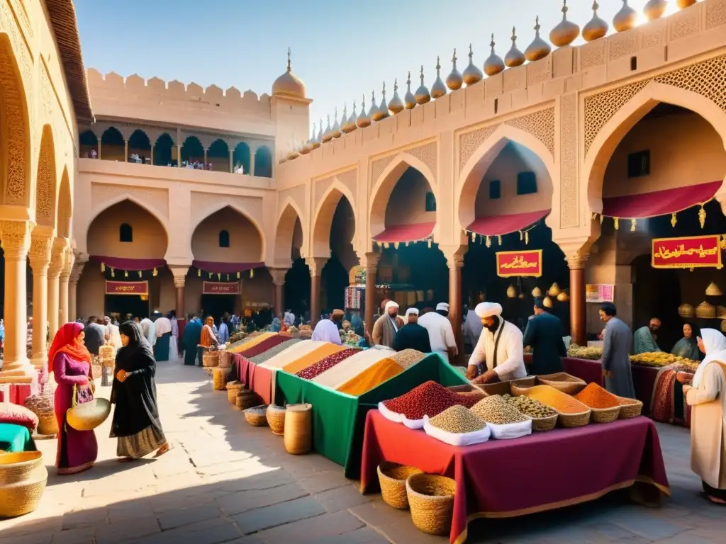 Un bullicioso zoco en una ciudad histórica del Medio Oriente, con arcos ornamentados y edificios intrincados