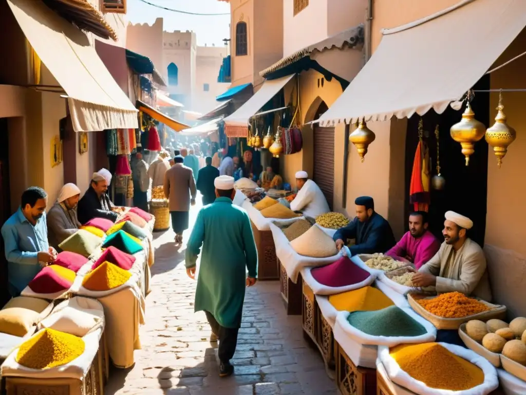 El bullicioso zoco de una ciudad marroquí, con vendedores de textiles coloridos, joyería artesanal e indumentaria islámica tradicional