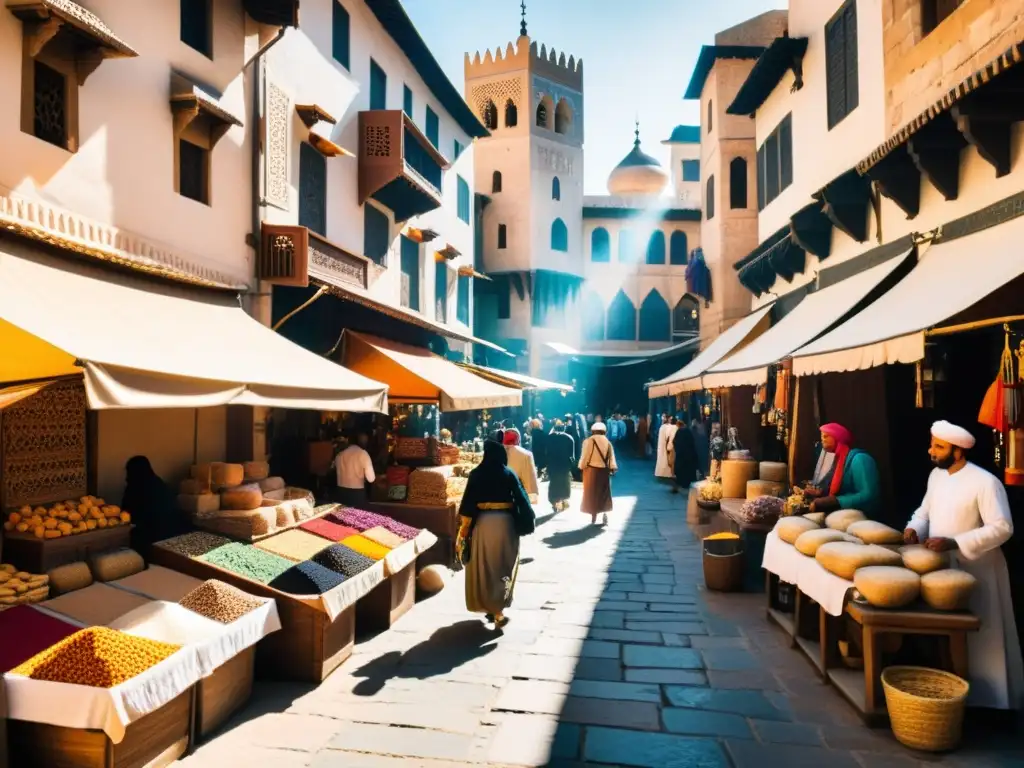 Un bullicioso zoco en una ciudad medieval islámica, con influencia de las Cruzadas en la cultura islámica