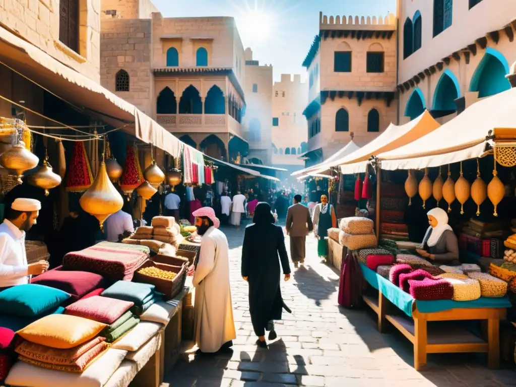 Mercado bullicioso en una ciudad del Medio Oriente: tela, especias y diversidad cultural Un bullicioso zoco en una ciudad del Medio Oriente, donde se venden textiles, especias y productos artesanales